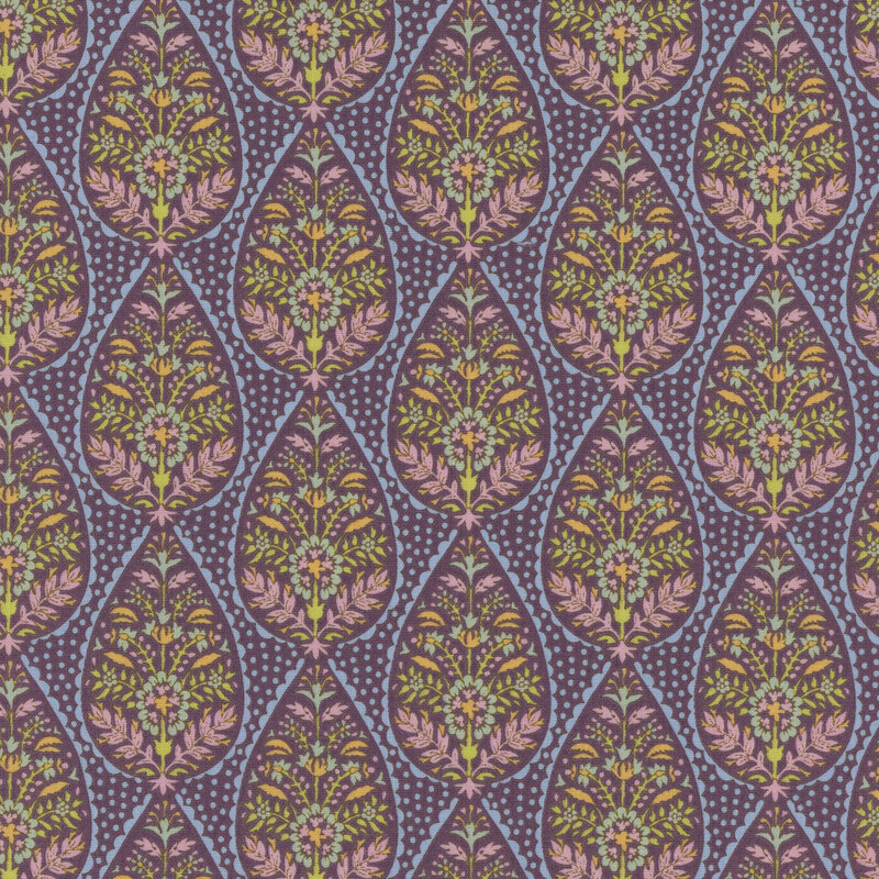 Purple fabric featuring lines of large raindrop shapes filled with ornate, symmetrical flowers and leaves with a scalloped outline, and scattered dots in between.