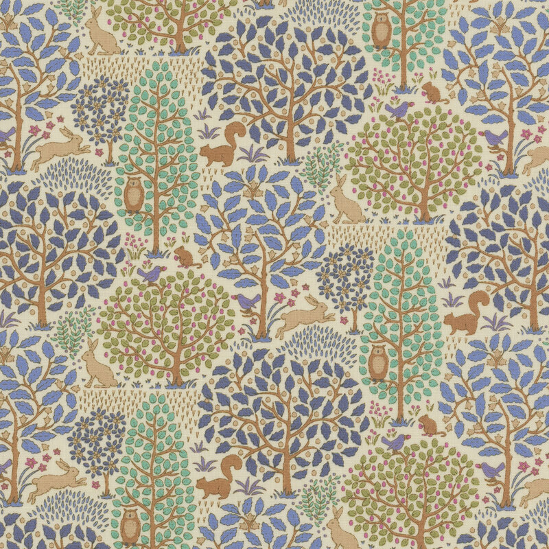 Cream fabric with large blue, green, and navy leafy trees and rabbits, squirrels, birds, and owls scattered across the scenery.