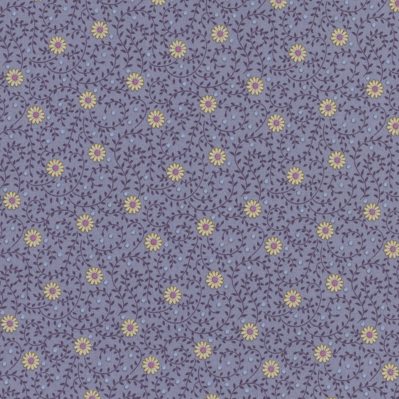 Purplish blue fabric with daisies laid out in a diagonal grid pattern with long branching vines covered in leaves stretching between each flower.