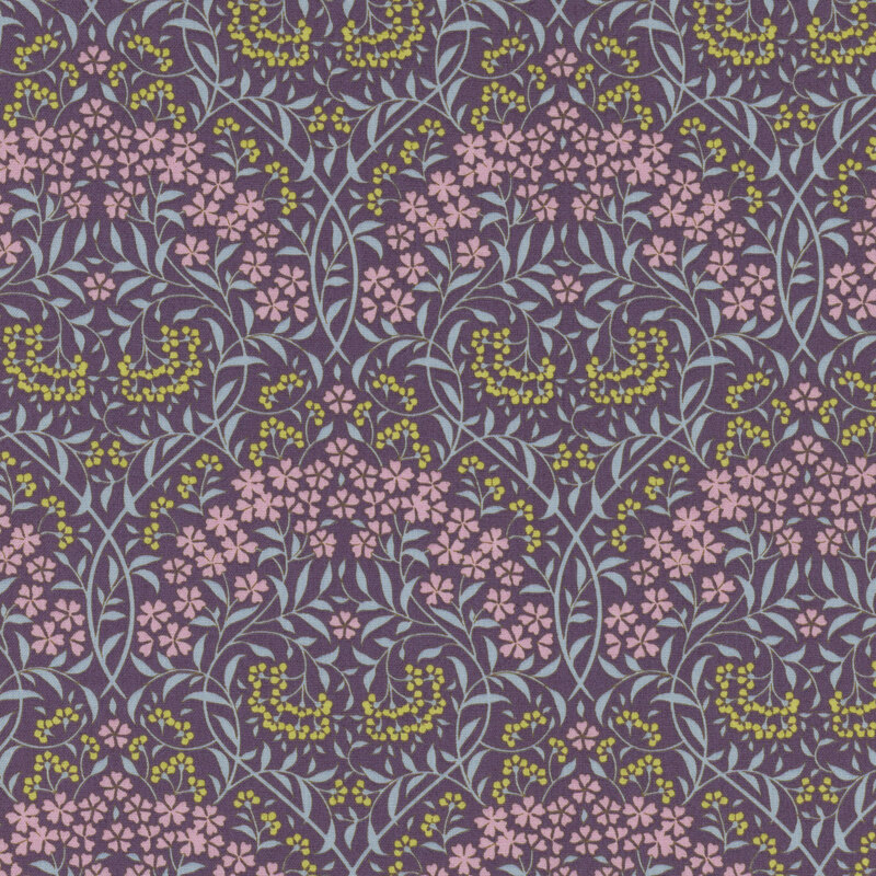 Purple damask fabric made entirely of ornate florals.