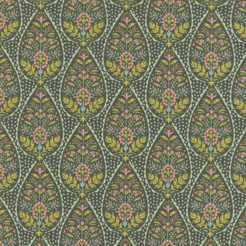 Green fabric featuring lines of large raindrop shapes filled with ornate, symmetrical flowers and leaves with a scalloped outline, and scattered dots in between.