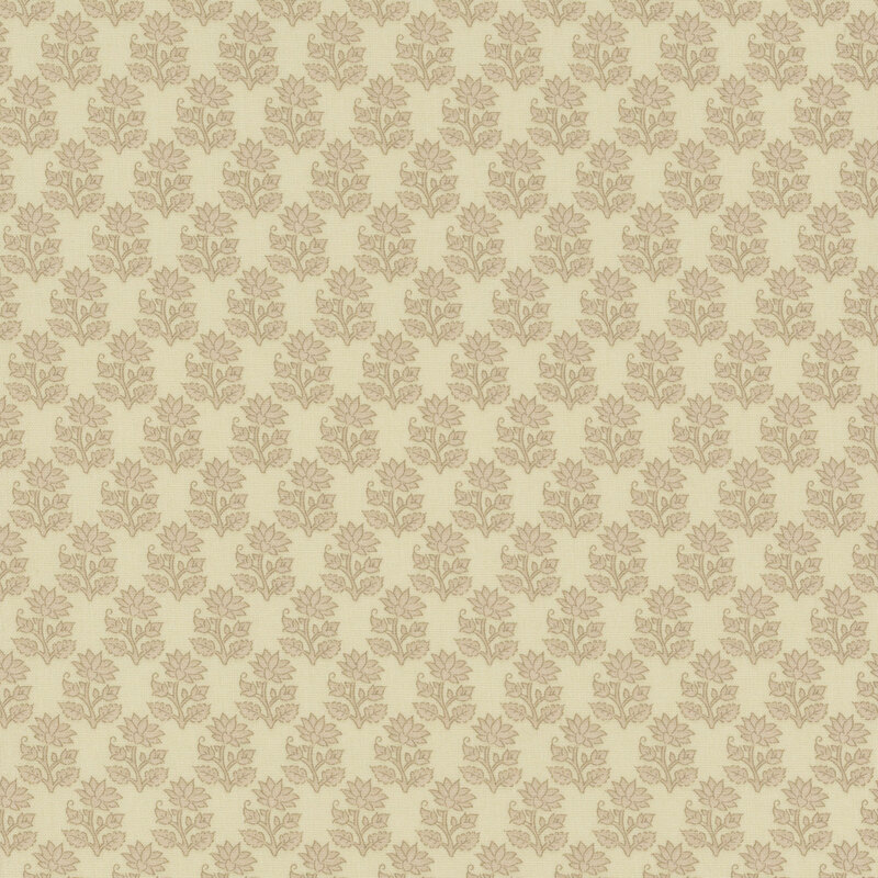 Tonal cream fabric featuring neat rows of flower stems with a blooming flower on top and two buds on either side.