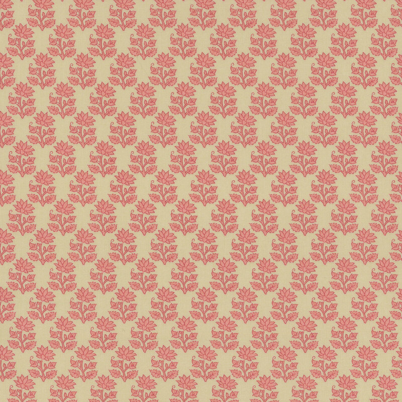 Cream fabric featuring neat pink rows of flower stems with a blooming flower on top and two buds on either side.