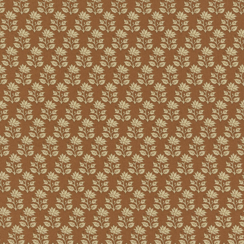 Brown fabric featuring neat rows of flower stems with a blooming flower on top and two buds on either side.