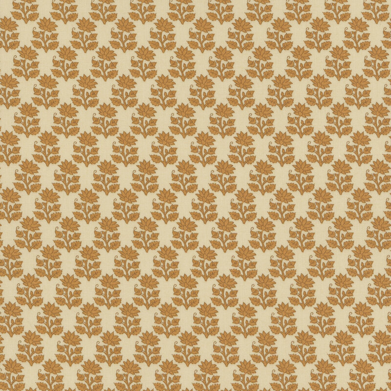 Cream fabric featuring neat golden brown rows of flower stems with a blooming flower on top and two buds on either side.