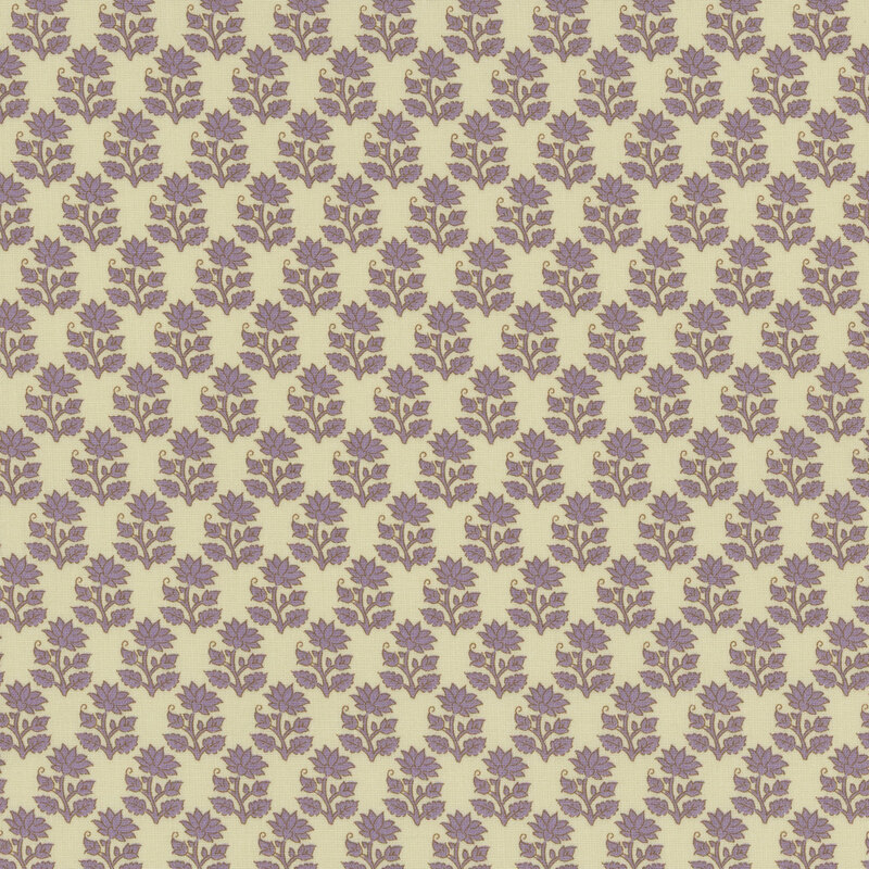 Cream fabric featuring neat purple rows of flower stems with a blooming flower on top and two buds on either side.