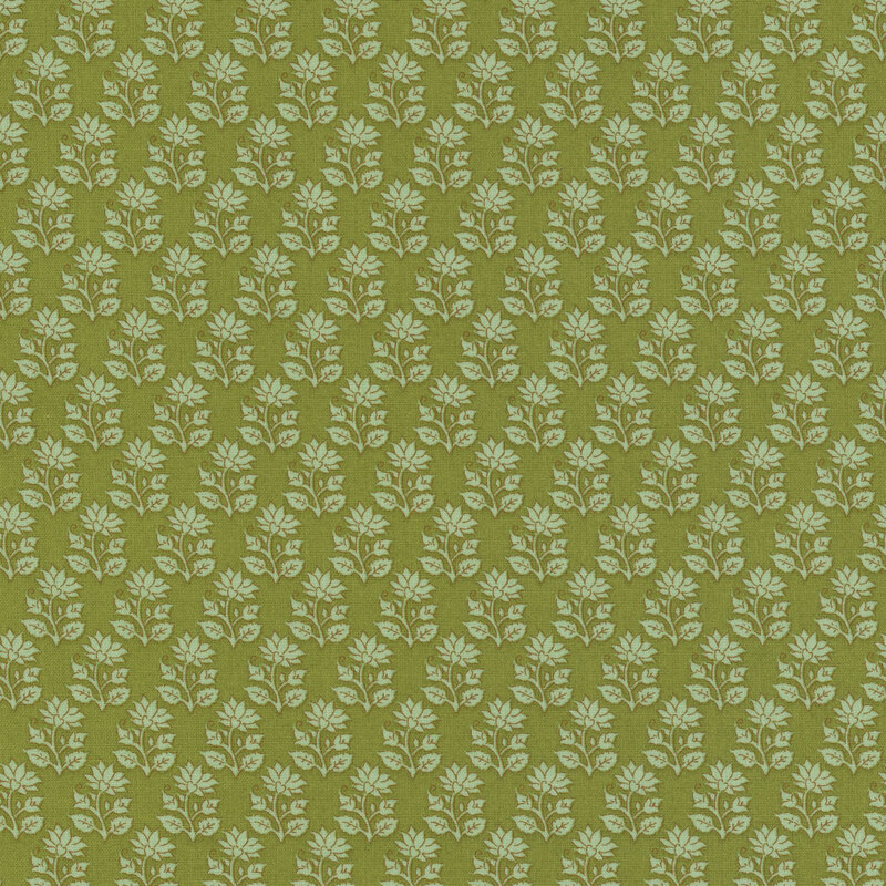 Lime fabric featuring neat rows of flower stems with a blooming flower on top and two buds on either side.