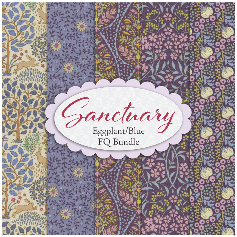 A collage of the fabrics included in the Sanctuary Eggplant and Blue fat quarter bundle.