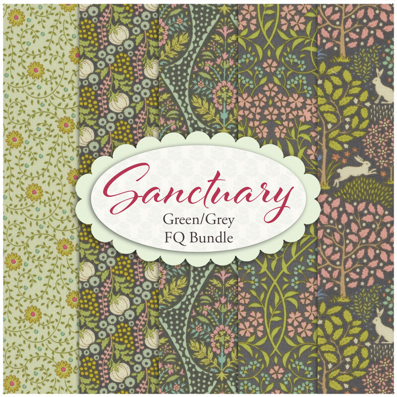 A collage of the fabrics included in the Sanctuary Green and Grey fat quarter bundle.