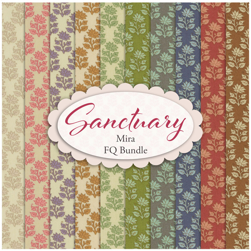 A collage of the fabrics included in the Sanctuary Mira fat quarter bundle.