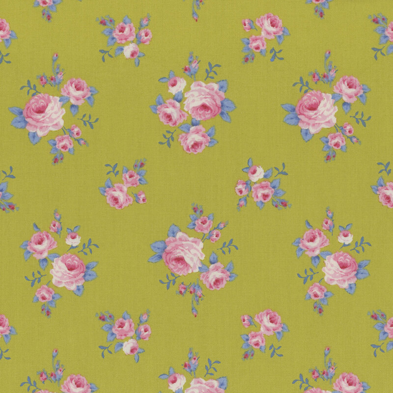 Lime green fabric with tossed pink roses and rosebuds with blue leaves.