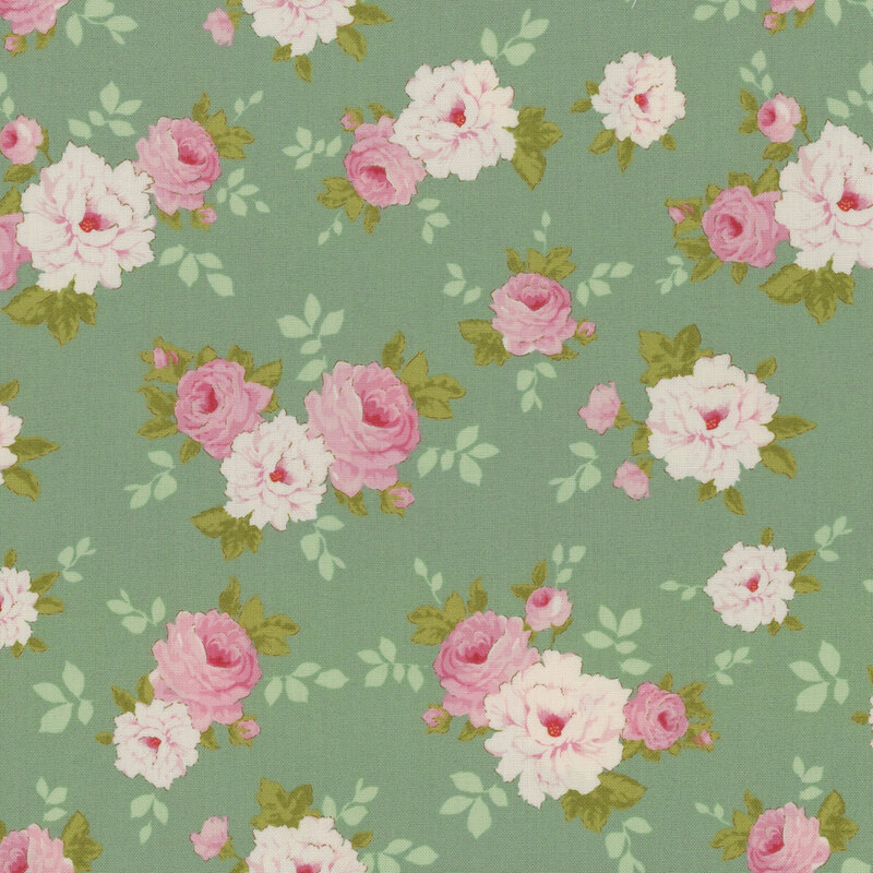 Teal fabric with tossed pink roses and pale pink peonies with green and tonal leaves.