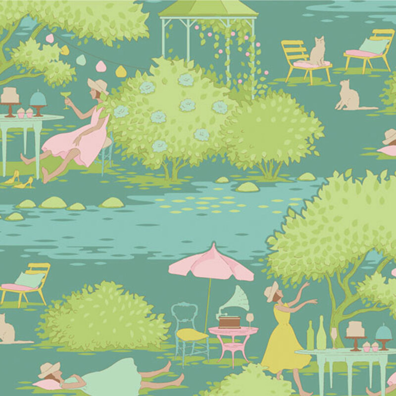 Teal fabric with light green, pink, and yellow accents in scenes of depicting women relaxing in an outdoor garden for brunch.