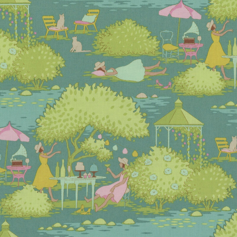 Teal fabric with light green, pink, and yellow accents in scenes of depicting women relaxing in an outdoor garden for brunch.