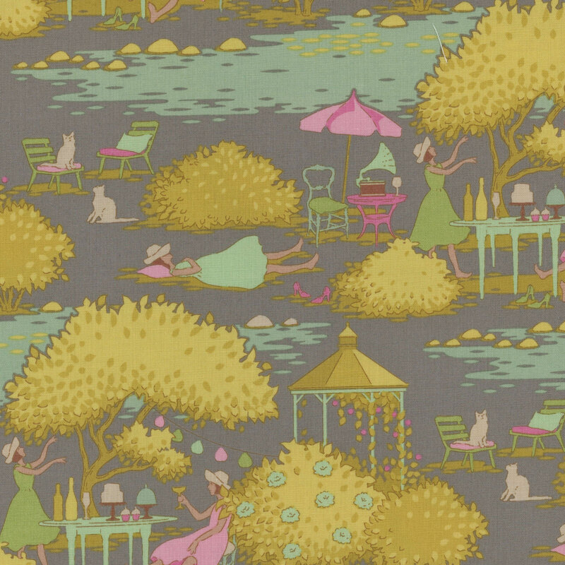 Gray fabric with chartreuse, pink, and teal accents in scenes of depicting women relaxing in an outdoor garden for brunch.