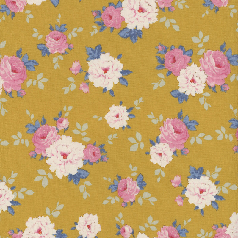 Chartreuse yellow fabric with tossed pink roses and pale pink peonies with blue and mint leaves.