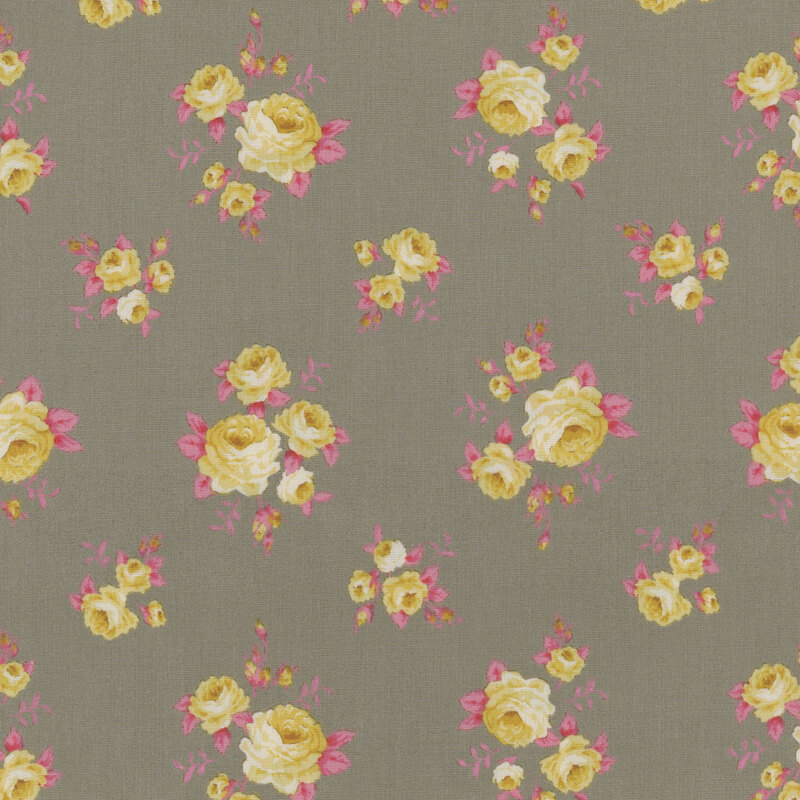 Gray fabric with tossed yellow roses and rosebuds with pink leaves.