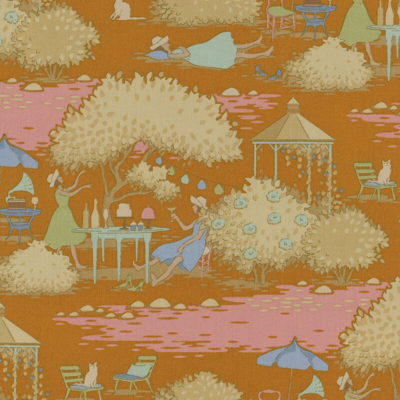 Orange fabric with sandy brown, pink, blue, and aqua accents in scenes of depicting women relaxing in an outdoor garden for brunch.