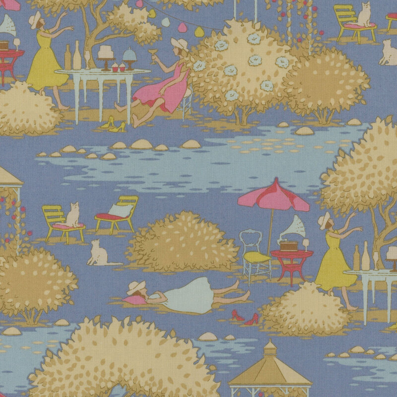 Blue fabric with sandy brown, pink, and yellow accents in scenes of depicting women relaxing in an outdoor garden for brunch.