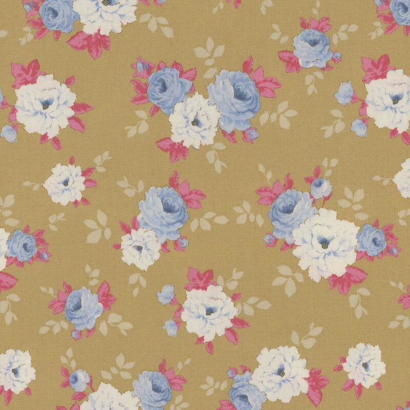 Sandy brown fabric with tossed blue roses and white peonies with pink and tonal leaves.