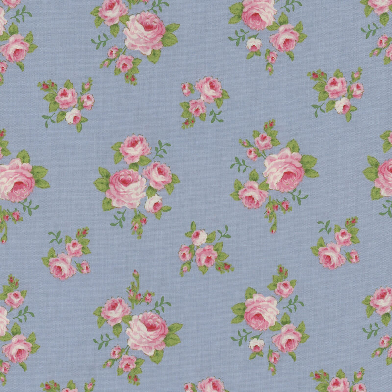 Light blue fabric with tossed pink roses and rosebuds with green leaves.