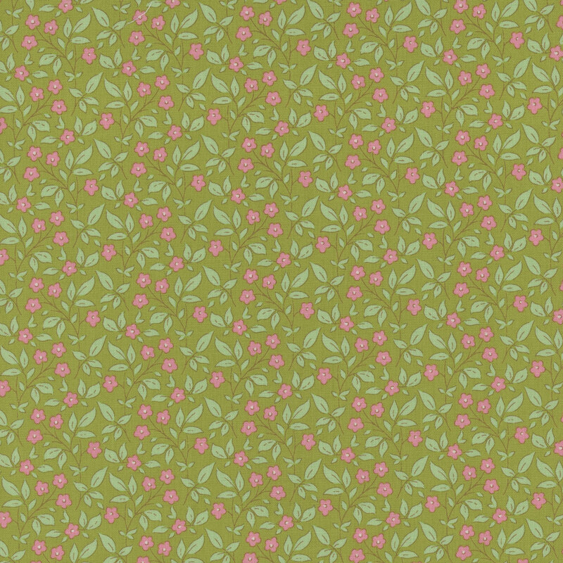 Lime green fabric with a tossed pink floral and mint green leaf pattern.