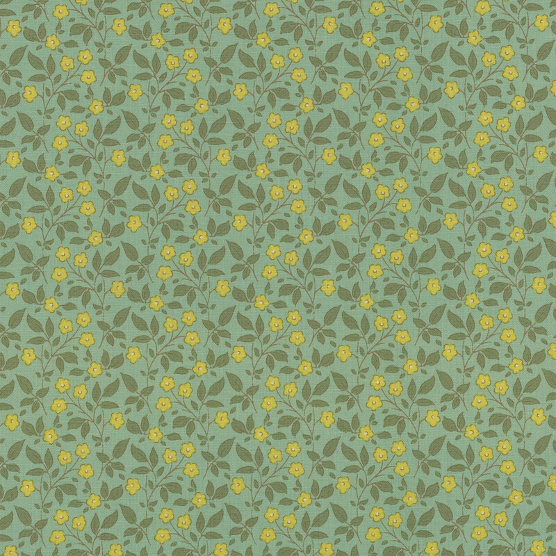 Light teal fabric with a tossed chartreuse floral and tonal dark teal leaf pattern.