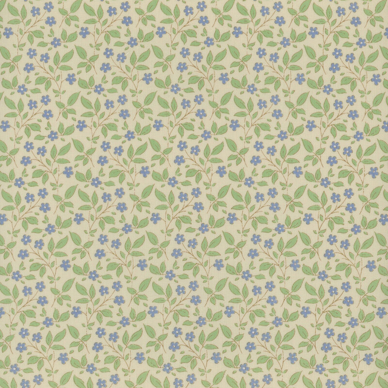 Cream fabric with a tossed blue floral and green leaf pattern.