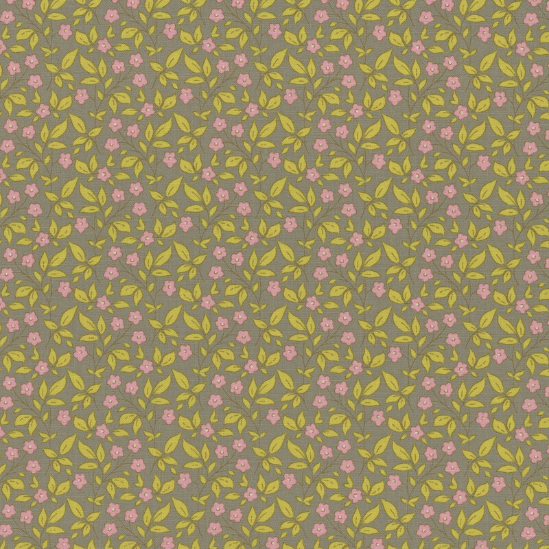 Gray fabric with a tossed pink floral and chartreuse leaf pattern.