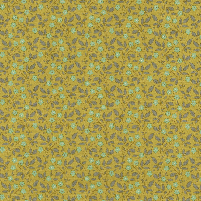 Chartreuse fabric with a tossed aqua floral and gray leaf pattern.