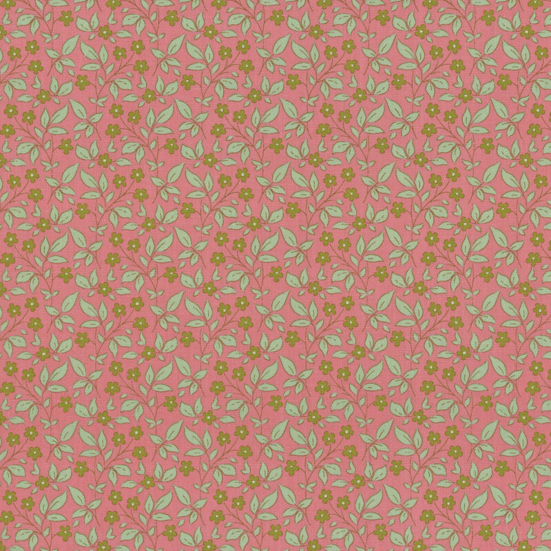 Pink fabric with a tossed green floral and aqua leaf pattern.