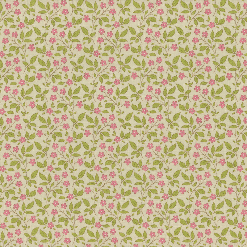 Cream fabric with a tossed pink floral and green leaf pattern.