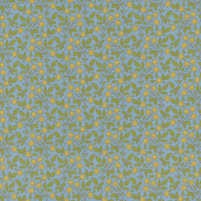 Sky blue fabric with a tossed ocher floral and green leaf pattern.