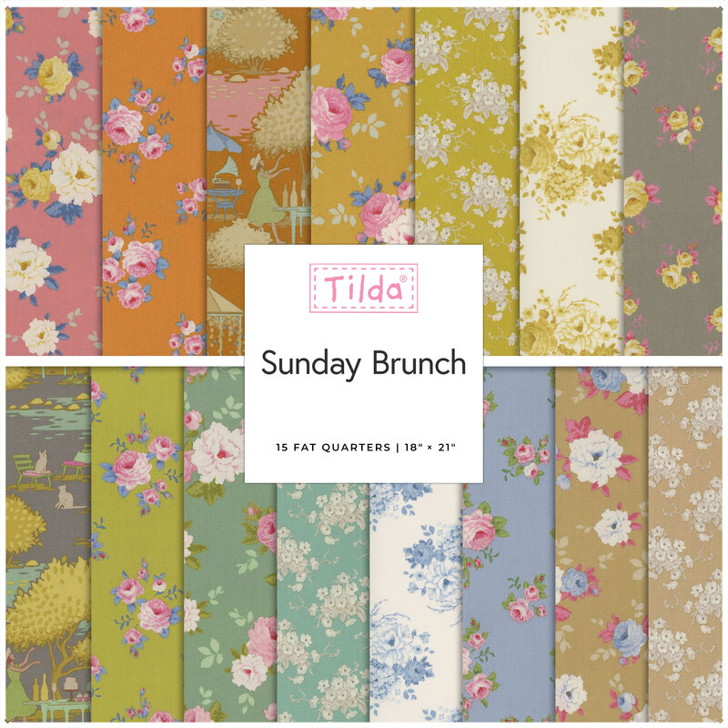 Collage of the fabrics included in the Sunday Brunch 15 FQ Bundle by Tilda.