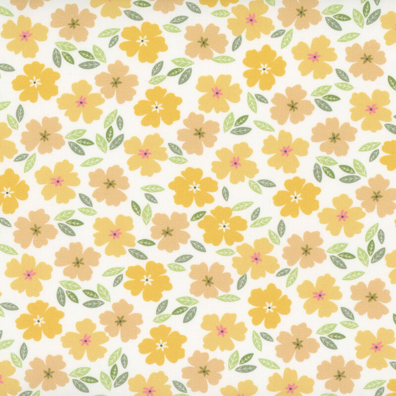 White fabric with yellow and pink flowers with scattered leaves.