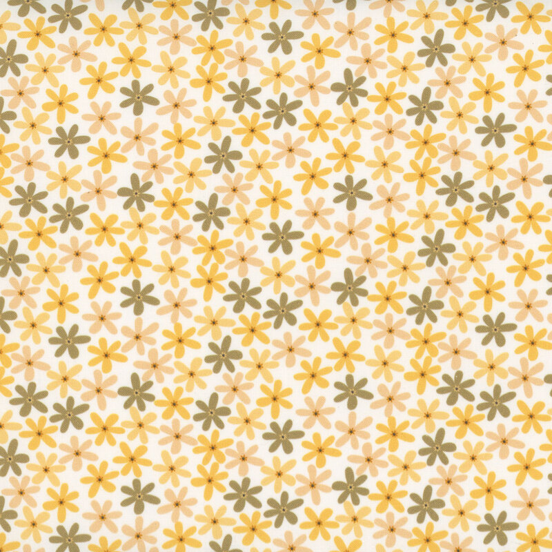 White fabric nearly completely covered in yellow and pink daisies.