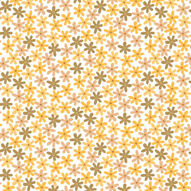 White fabric nearly completely covered in yellow and pink daisies.