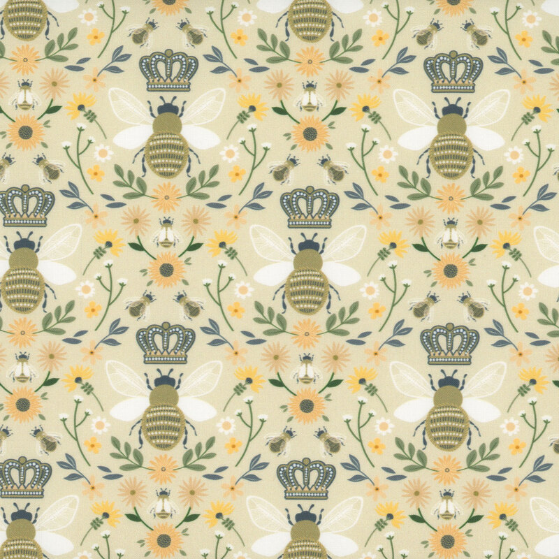 Beige fabric featuring a repeating pattern of queen bees with a thick floral lattice woven between.