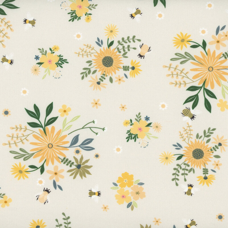 Ashy cream fabric with clusters of various yellow and pink flowers.