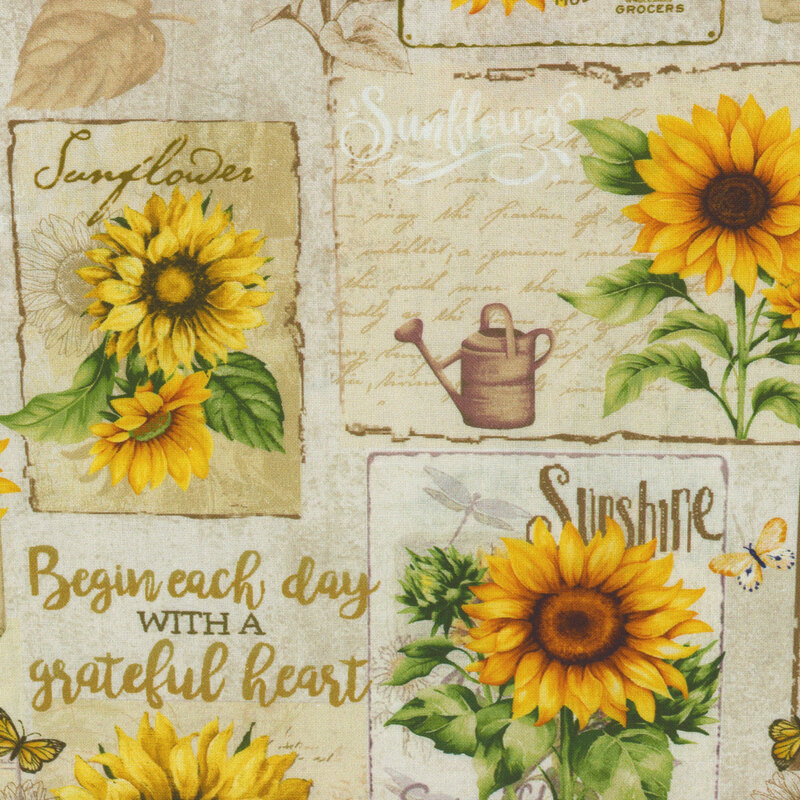 A beige fabric with vintage signs featuring sunflowers, fun phrases, and scattered butterflies throughout