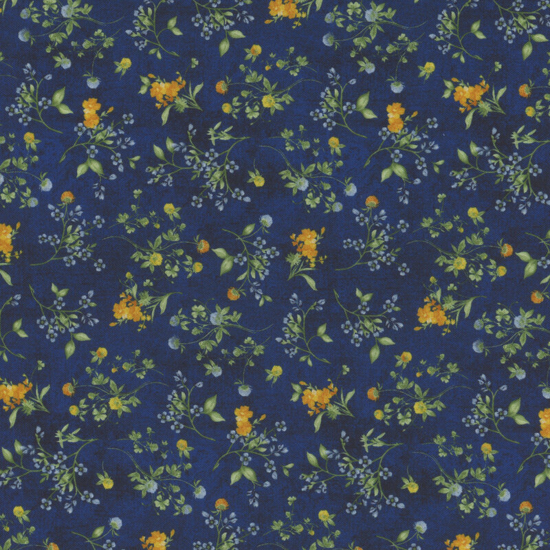 Navy blue fabric covered in tossed floral sprigs with yellow, blue, and green flowers