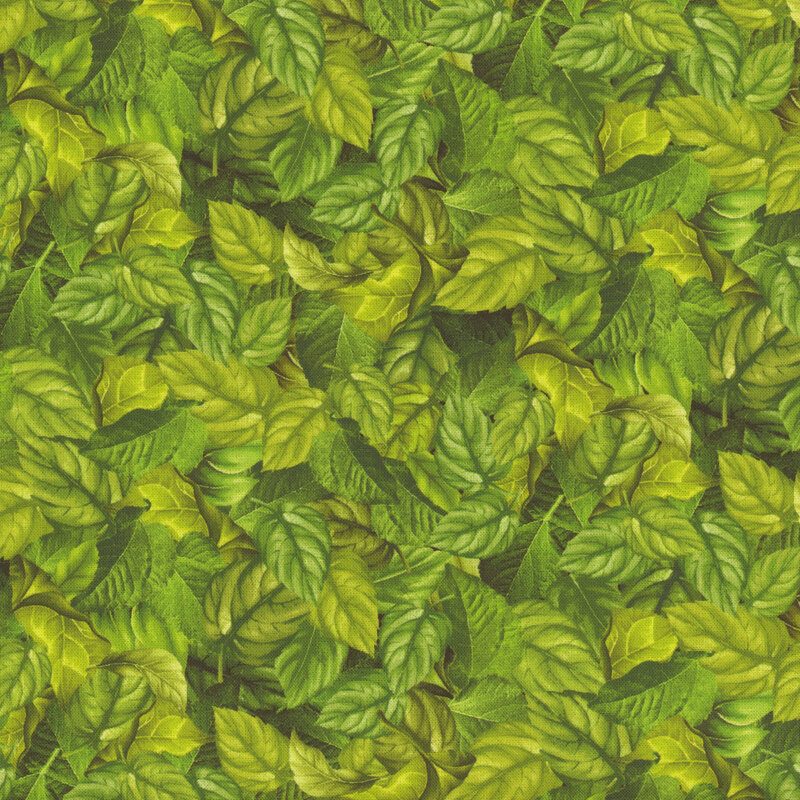 Fabric with packed green leaves all over