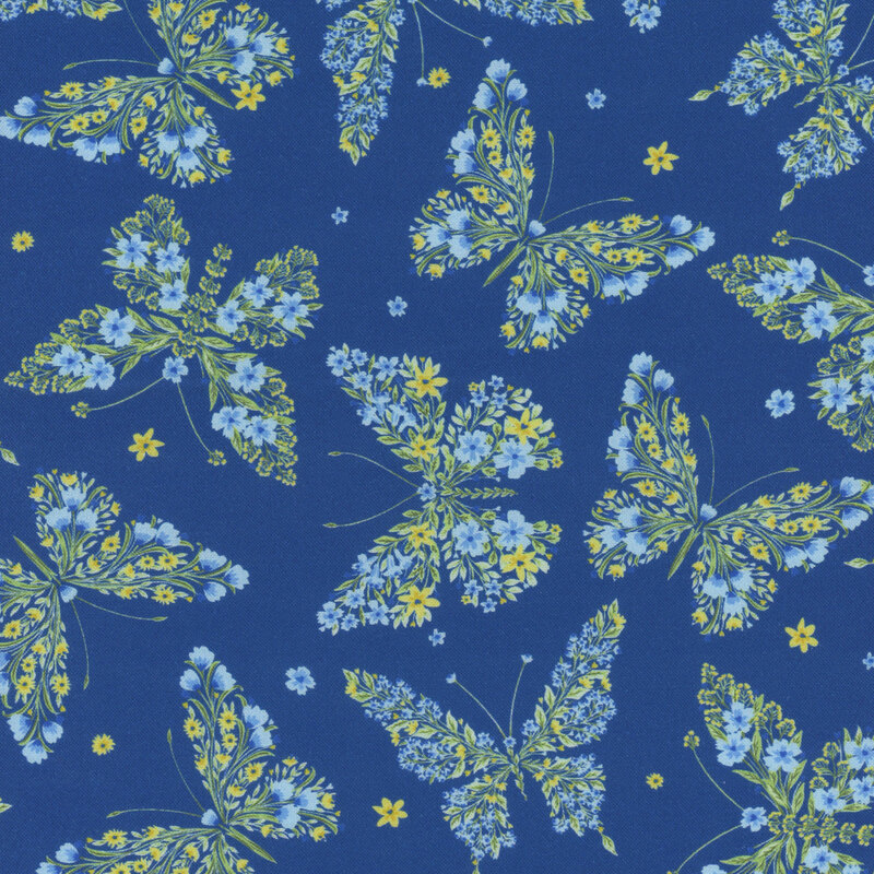 Navy blue fabric with floral clusters in the shapes of butterflies throughout