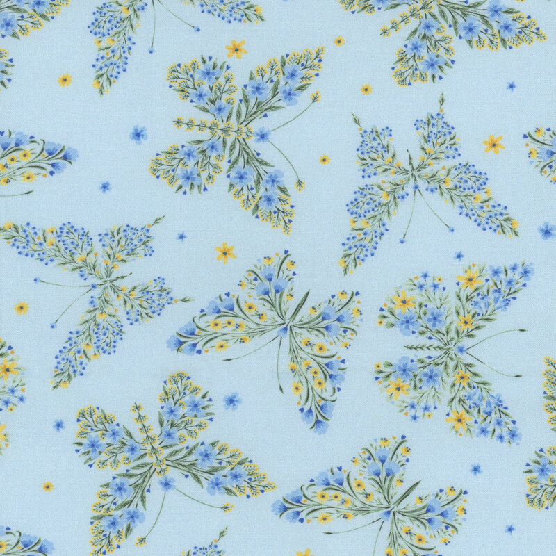 Light blue fabric with floral clusters in the shapes of butterflies throughout