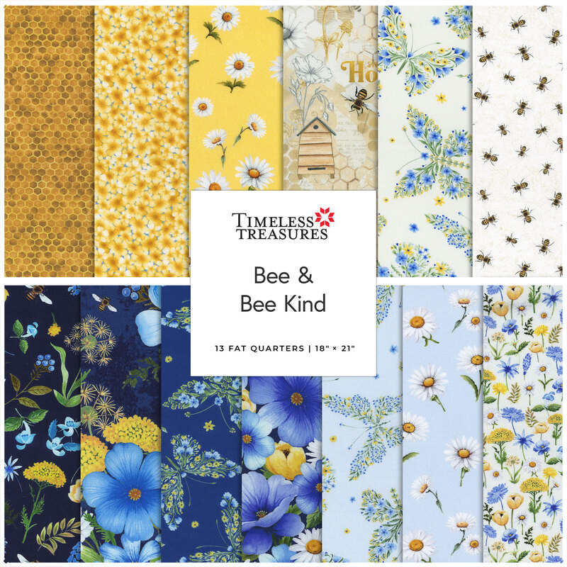 A collage of yellow, blue, and cream fabrics in the Bee Kind FQ set