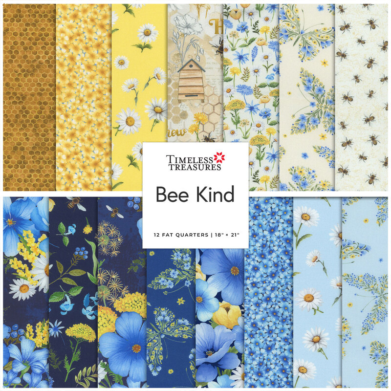 A collage of yellow, blue, and cream fabrics in the Bee Kind FQ set