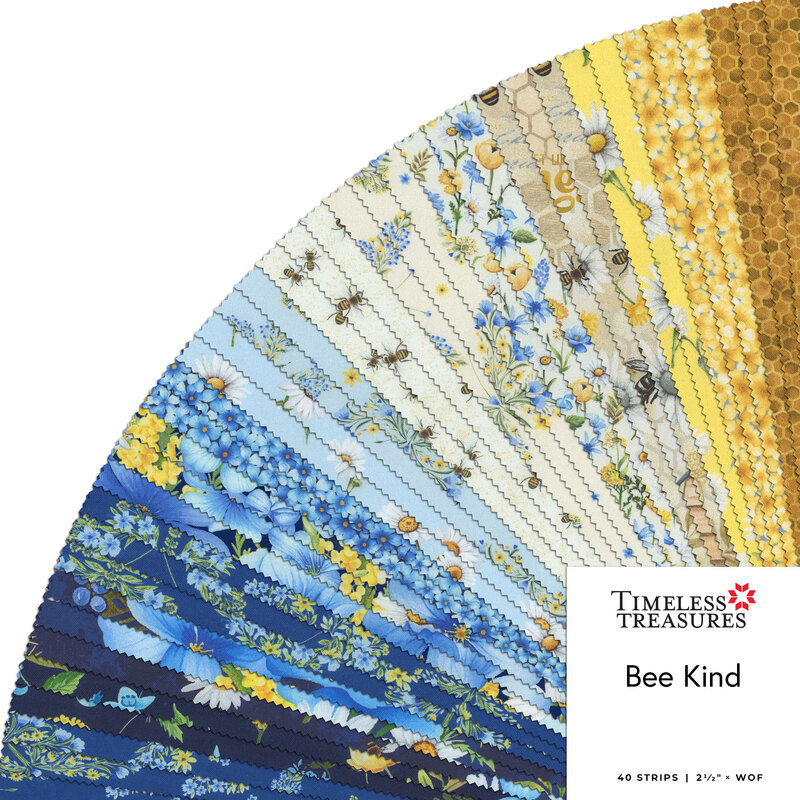 A fanned collage of blue, cream, and yellow summertime bee themed fabrics in the Bee Kind fabric strips