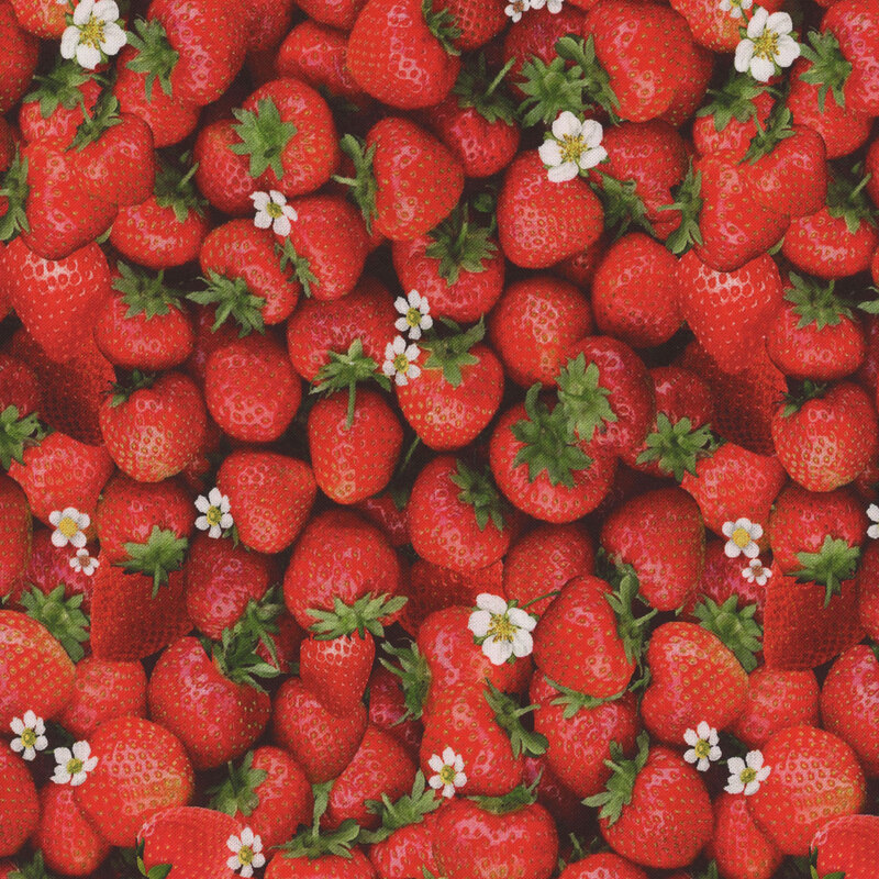 A fabric with packed, photorealistic strawberries all over