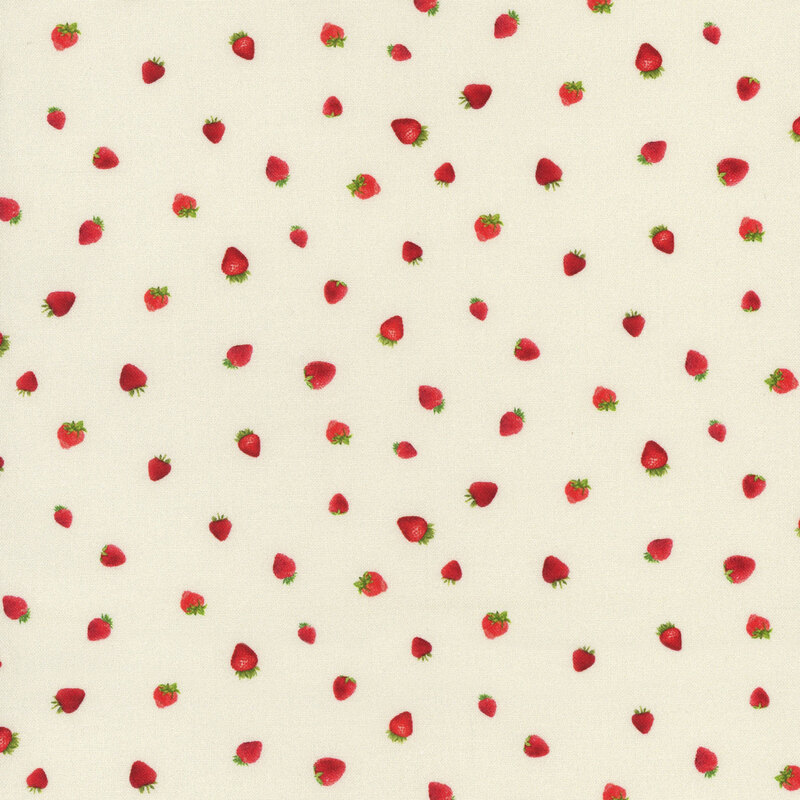 Cream fabric with small photorealistic disty strawberries throughout