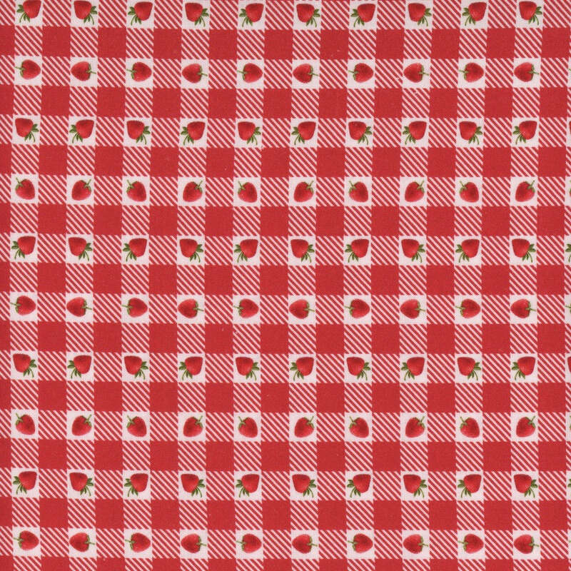 Red and white gingham fabric with small photorealistic strawberries throughout